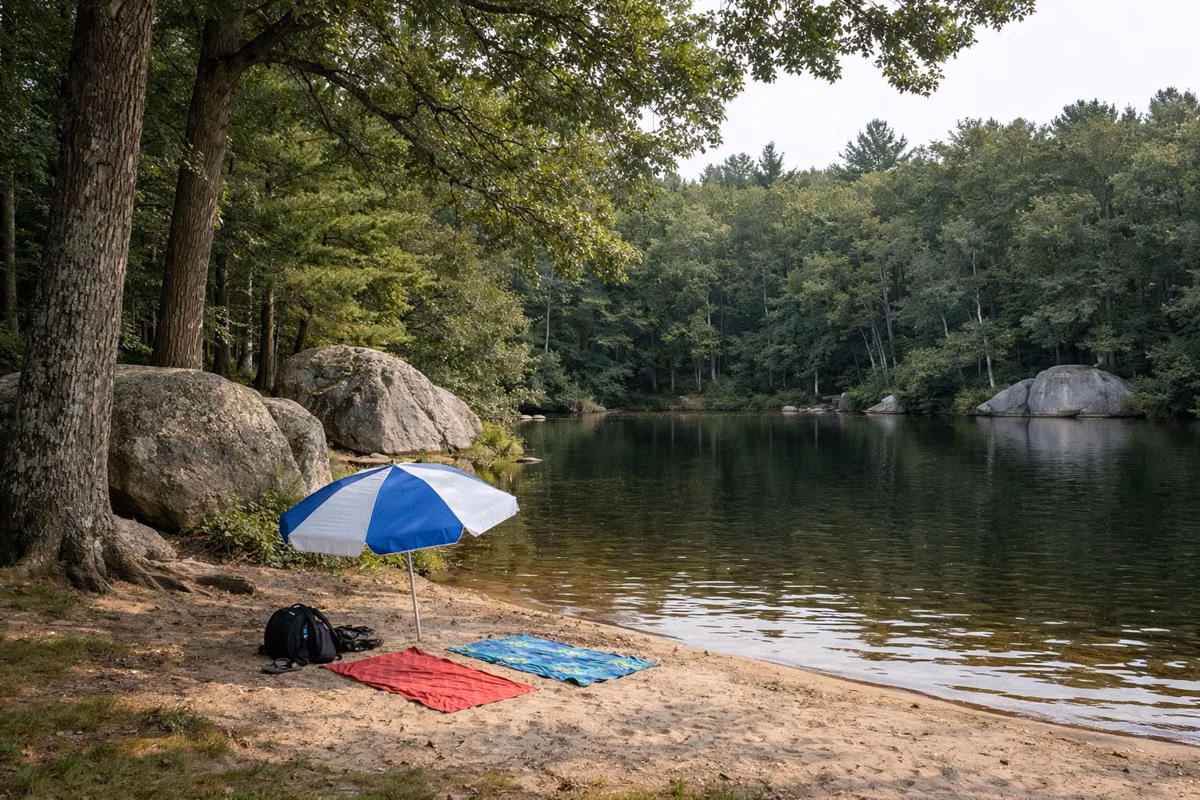 Beach umbrella and towels on sand in the shade of big trees beside a pond