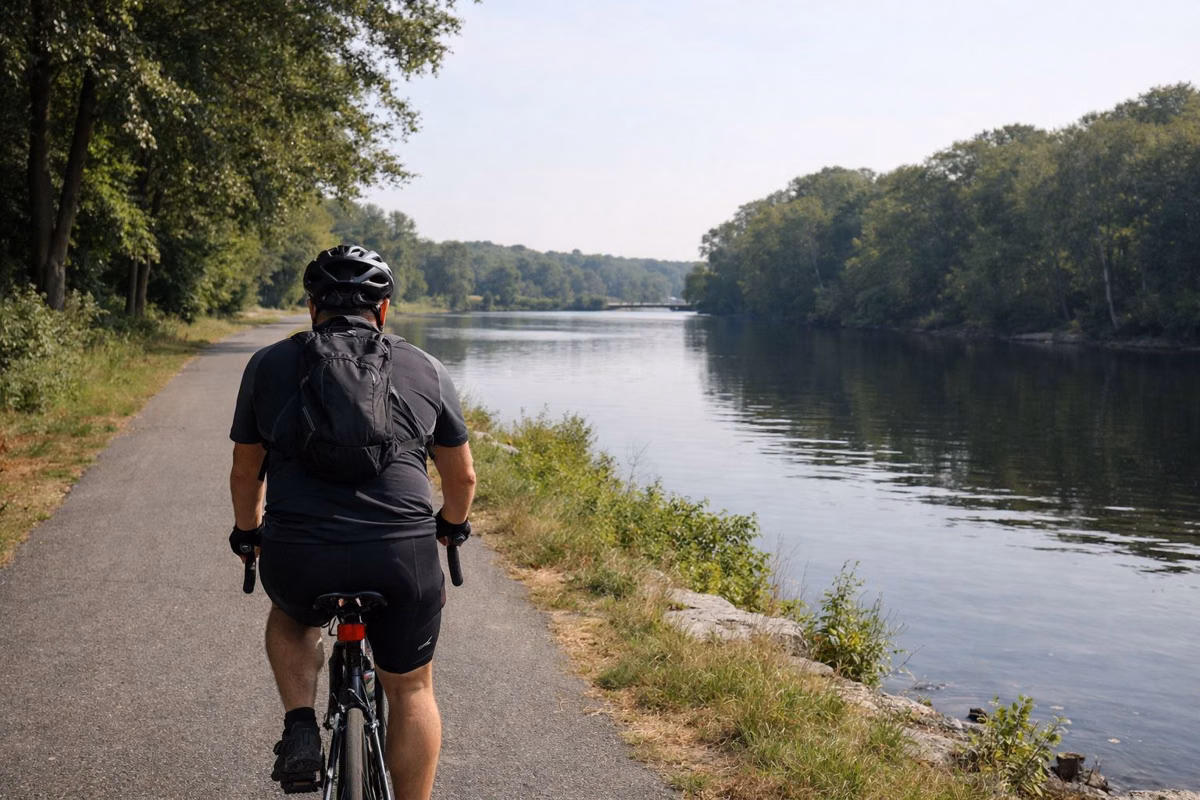 Cyclist on a paved path beside a wide calm river