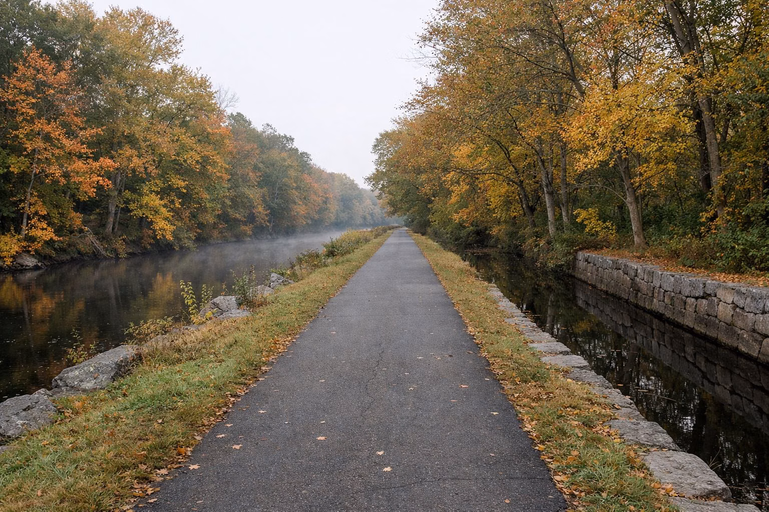 Paved bike path between a river and an old stone-lined canal in autumn