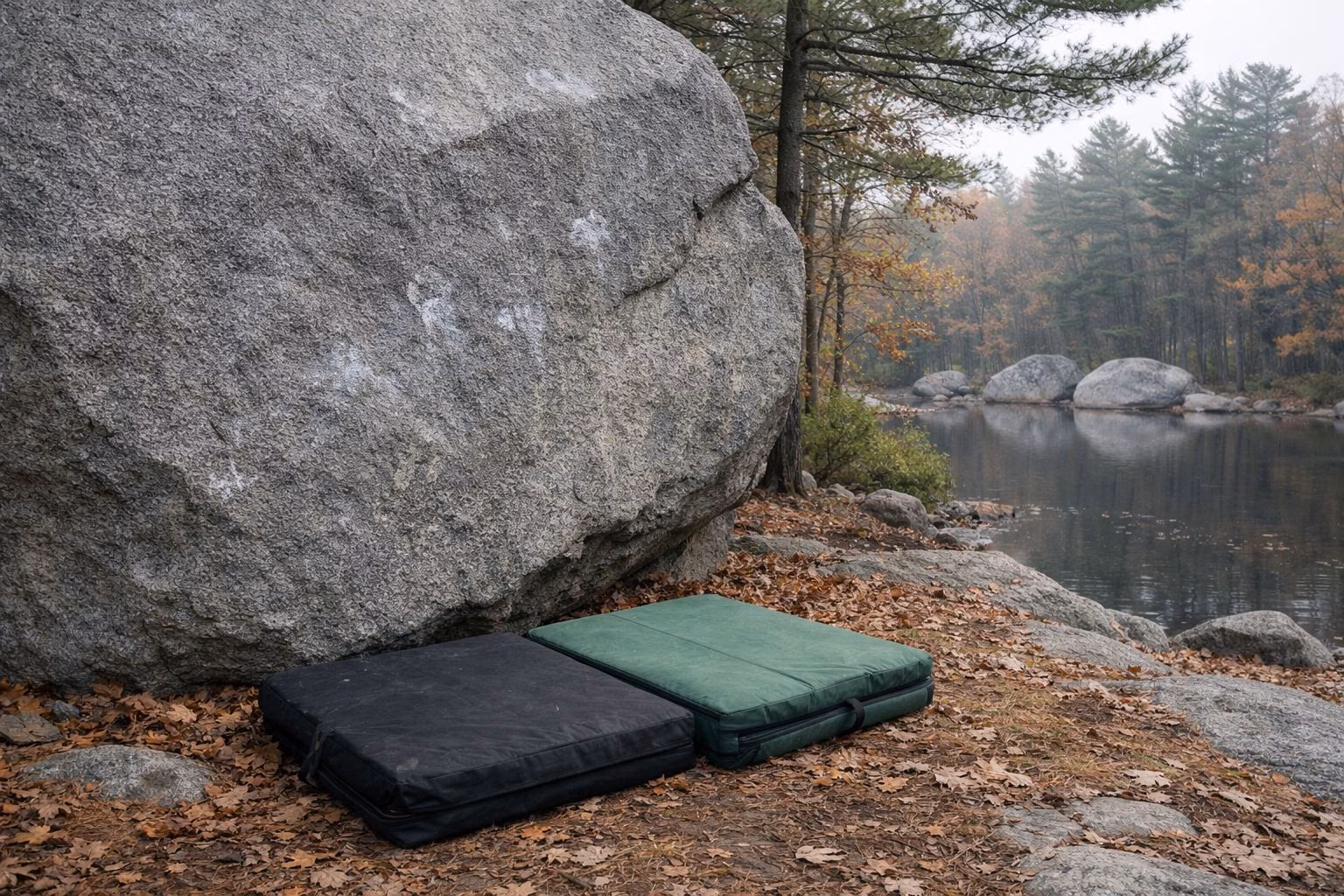 Two crash pads at the base of a large granite boulder by a pond