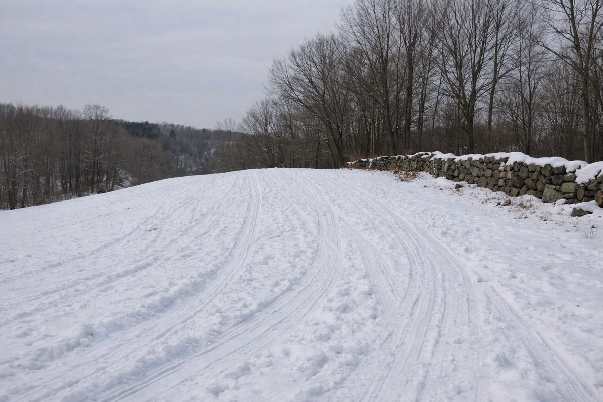 Snow-covered meadow hill with sled tracks beside a stone wall