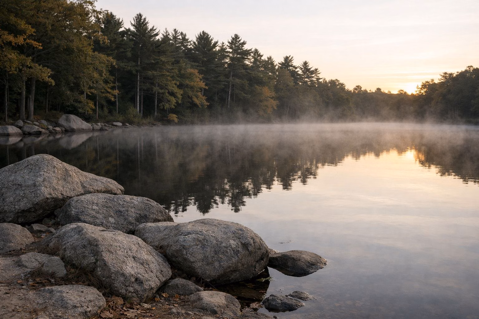 Mist over a still pond at sunrise