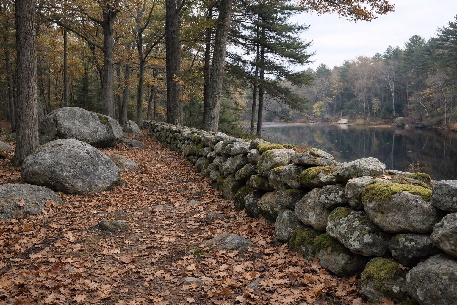 Mossy fieldstone wall through autumn oak woods