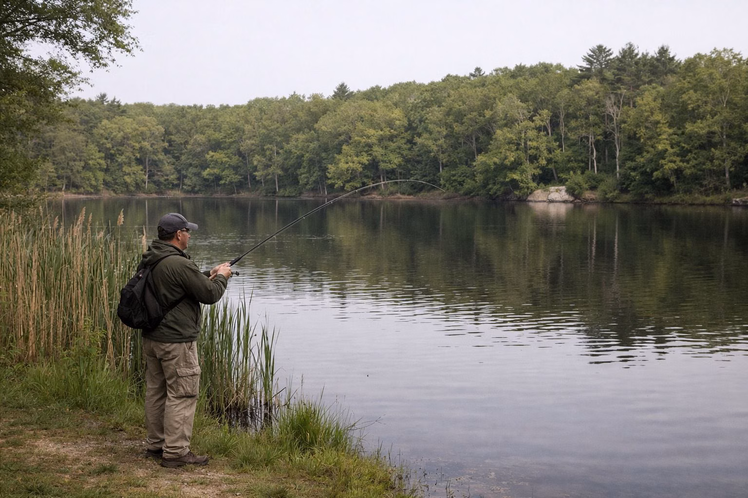 Angler casting from a grassy pond shore beside reeds