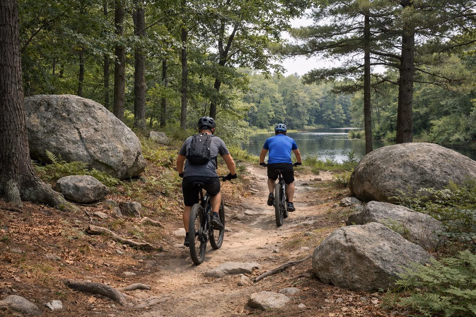 Two mountain bikers on a dirt singletrack through woods toward a pond