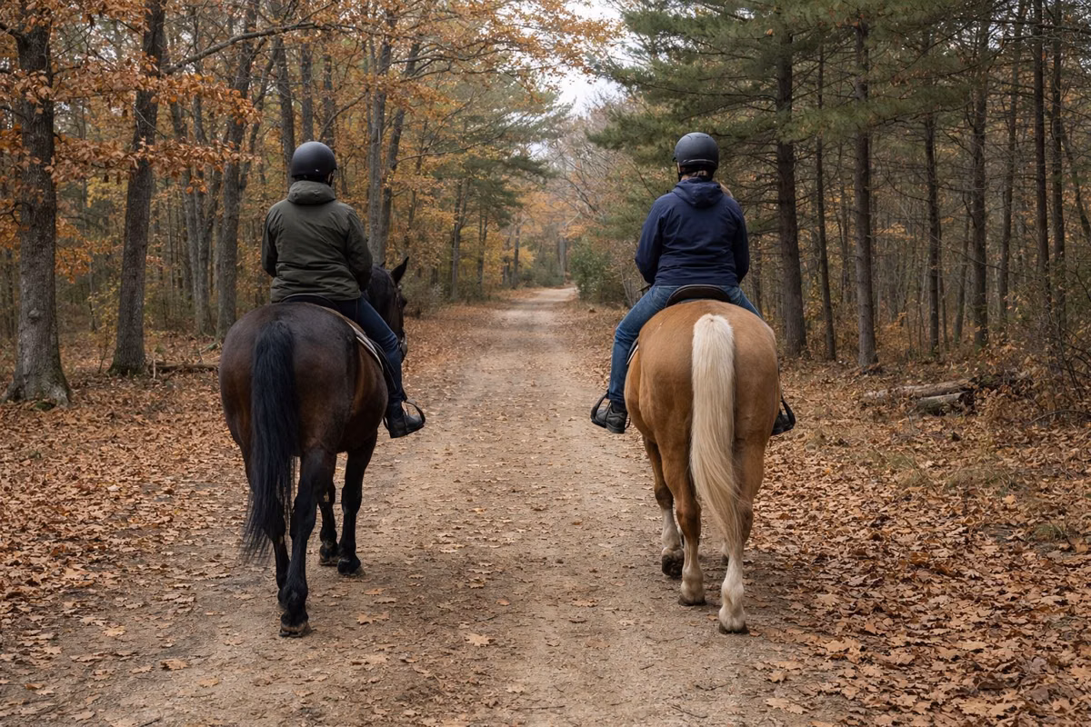 Riders on a wide dirt bridle trail through autumn woods