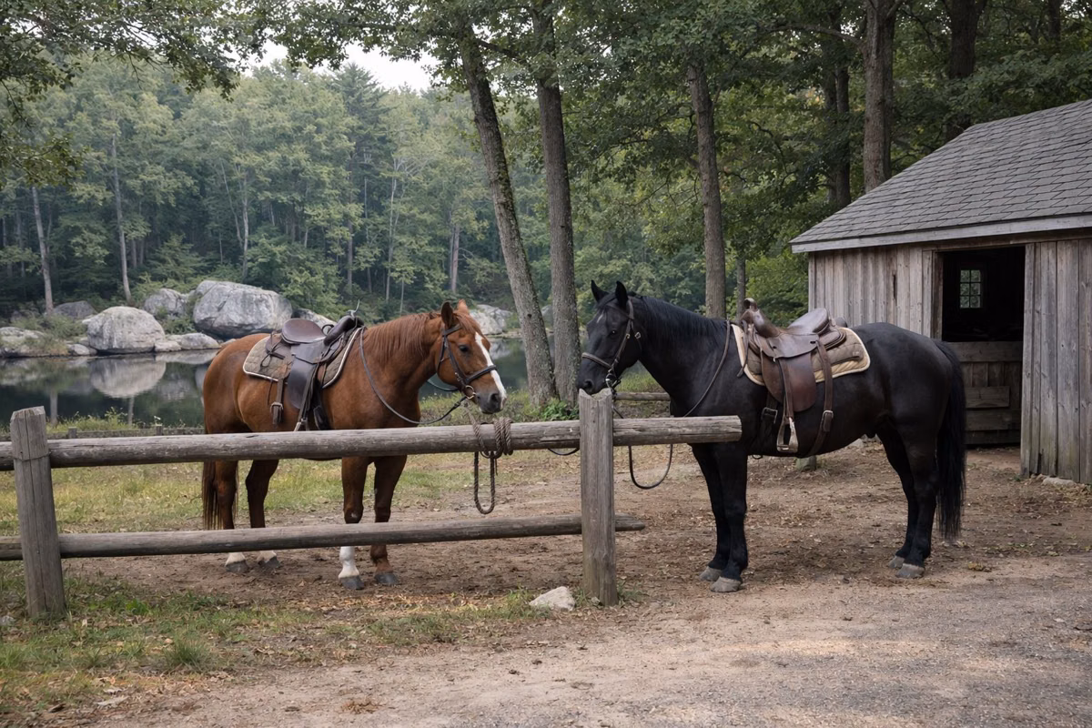 Two saddled horses at a rail fence outside a small barn in the woods
