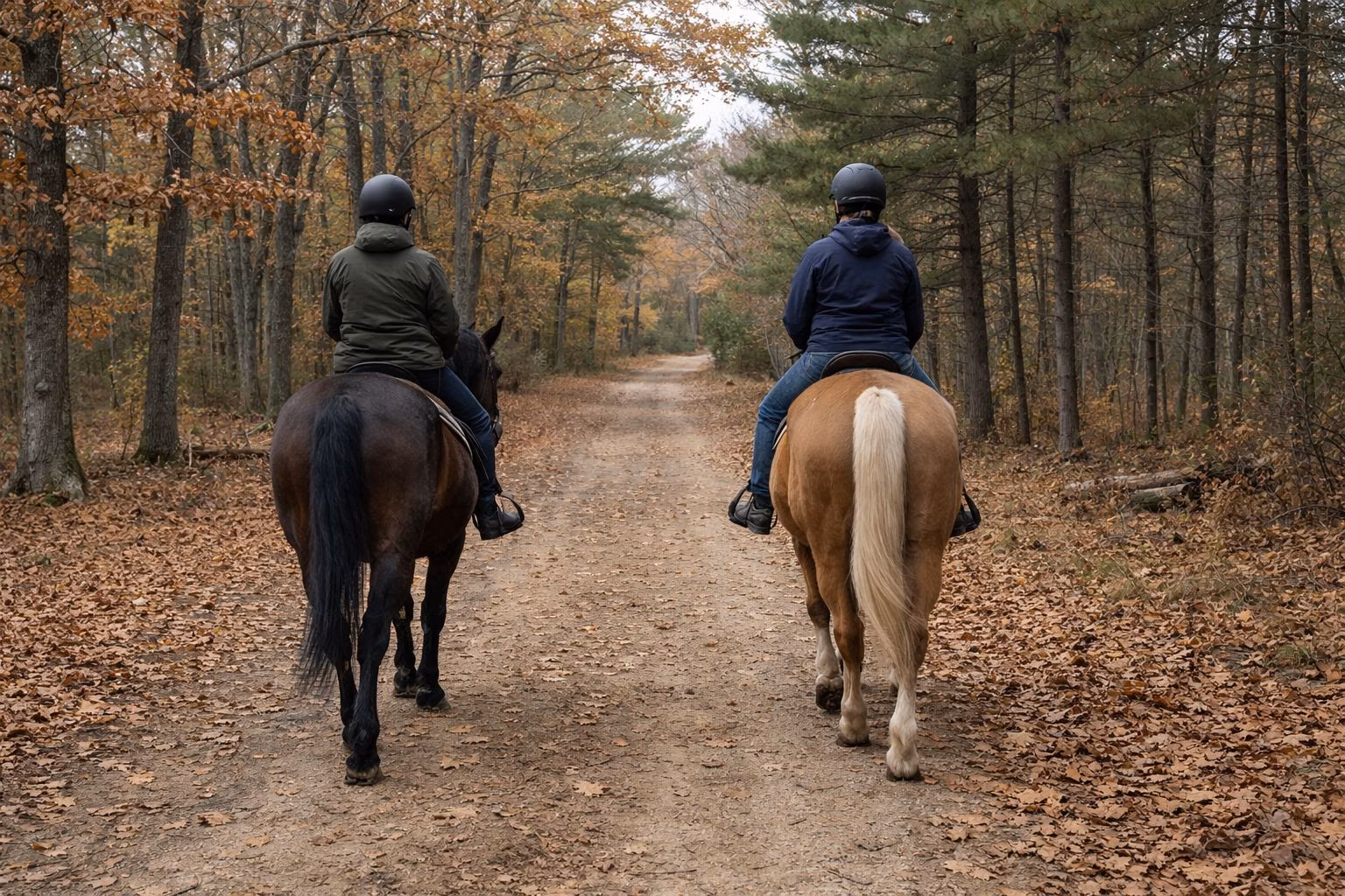 Two riders on horseback on a wide dirt bridle trail through autumn woods
