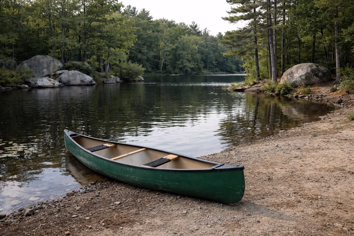 Green canoe on a dirt boat launch at the edge of a wooded pond
