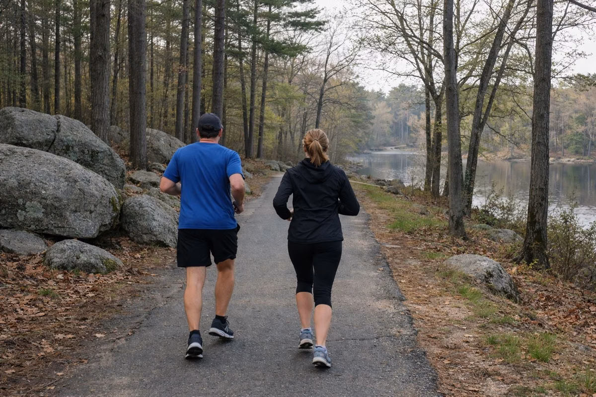 Two runners on a paved park road beside a pond in spring