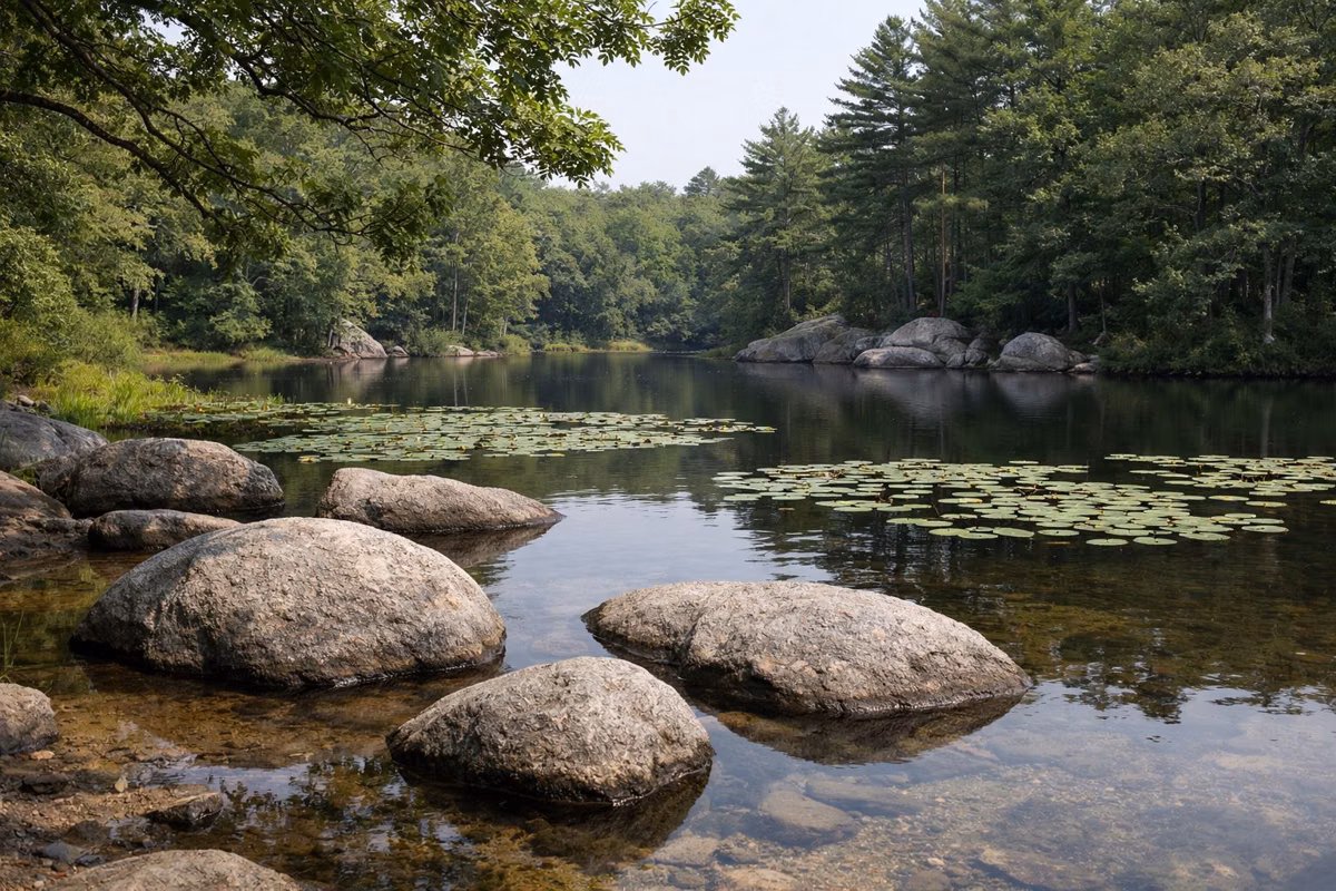 Rounded boulders in the clear shallows of a pond cove with lily pads