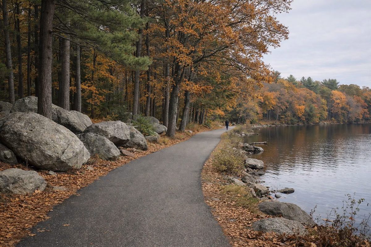 Paved park road along a pond through autumn woods