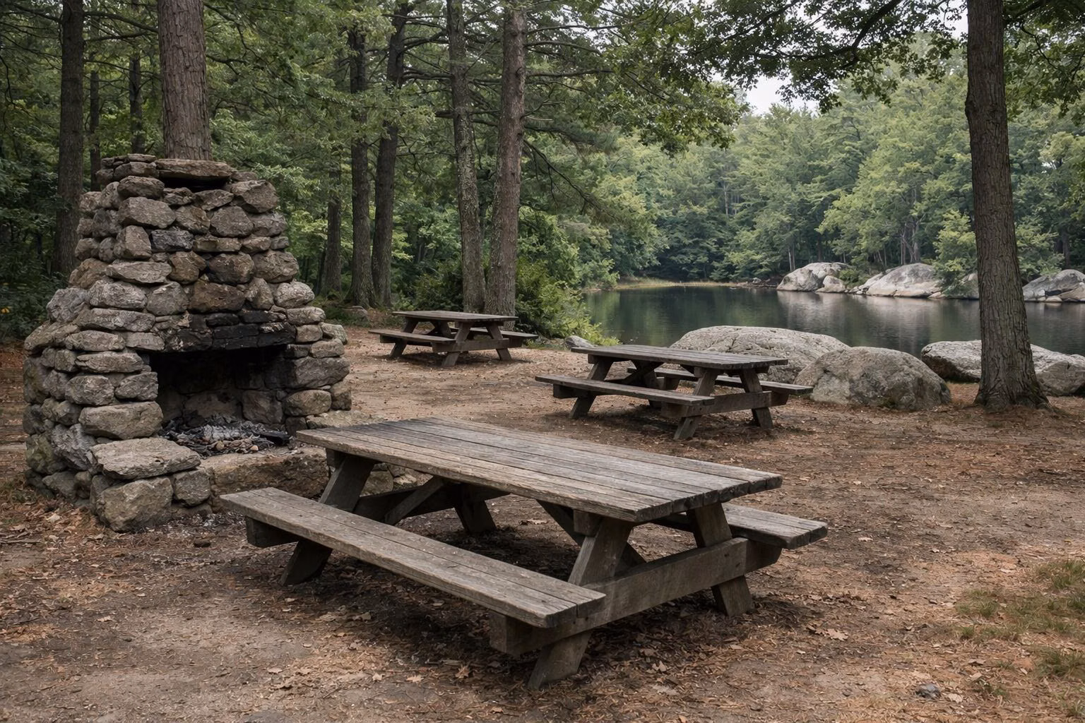 Wooden picnic tables and a fieldstone fireplace under trees by a pond