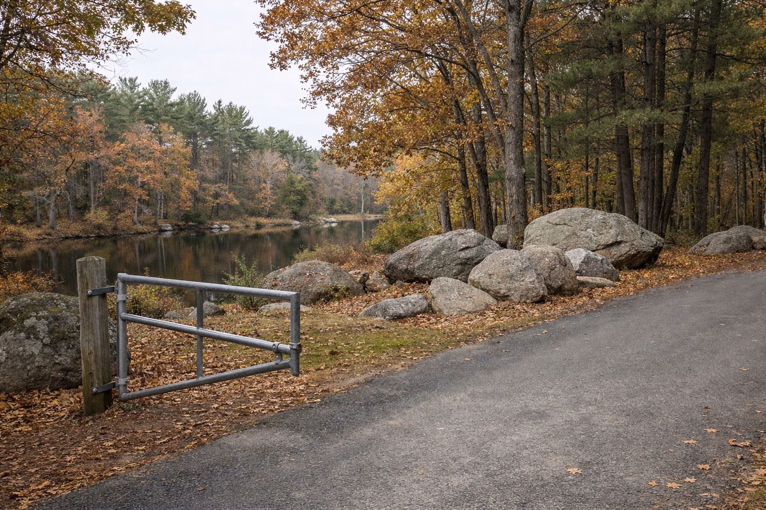 Metal gate beside a paved park road through autumn woods and boulders