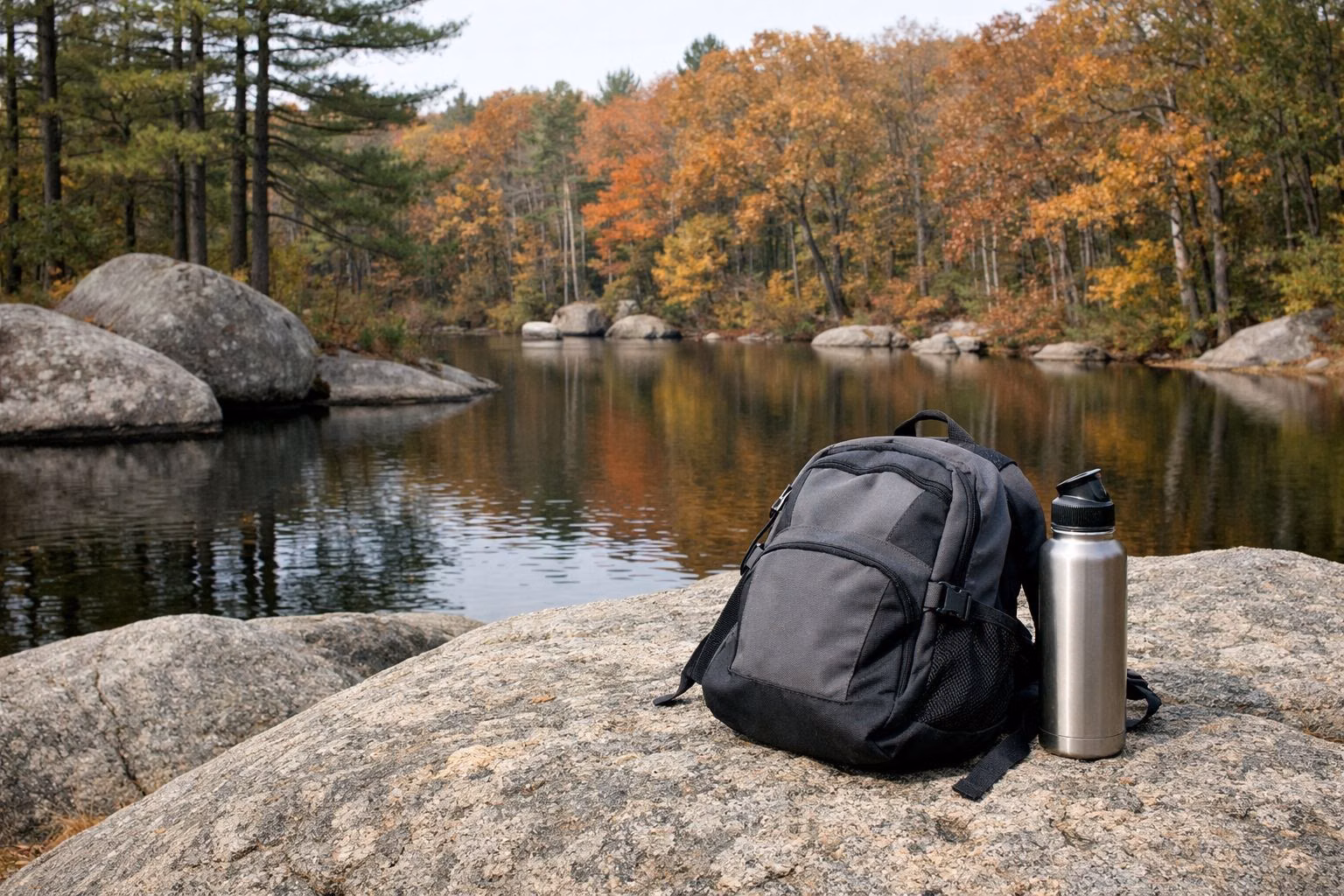 Daypack on a granite boulder above a pond